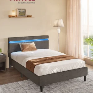 Lit simple métal 140x190 cm avec tête de lit LED et rangements USB - Ombre Interieur