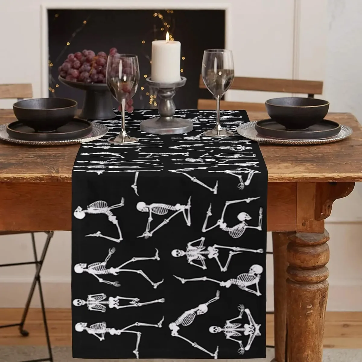 Chemin de table en lin motif crâne Halloween pour décoration – Image 3