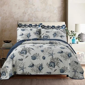 Couvre-lit matelassé en coton 100% - Ensemble de couette style océan pour lit Queen ou King