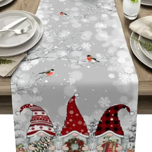 Chemin de table en lin Noël gnomes flocons décoration