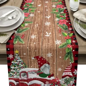 Chemin de table en lin Noël gnomes camion poinsettia rustique