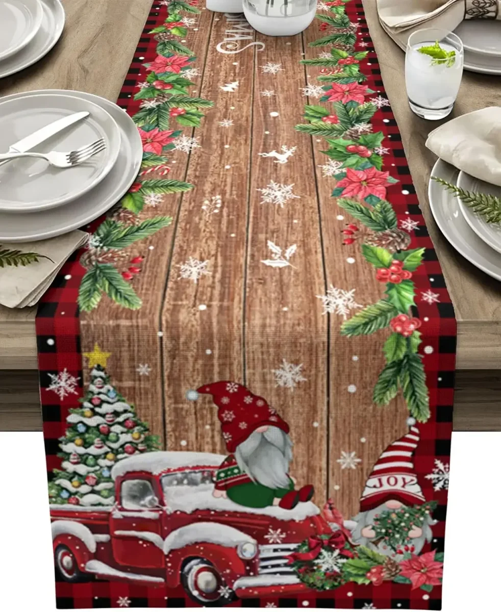Chemin de table en lin Noël gnomes camion poinsettia rustique