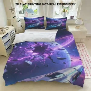 Housse de couette 3 pièces motif spatial futuriste - Literie décorative lavable en machine