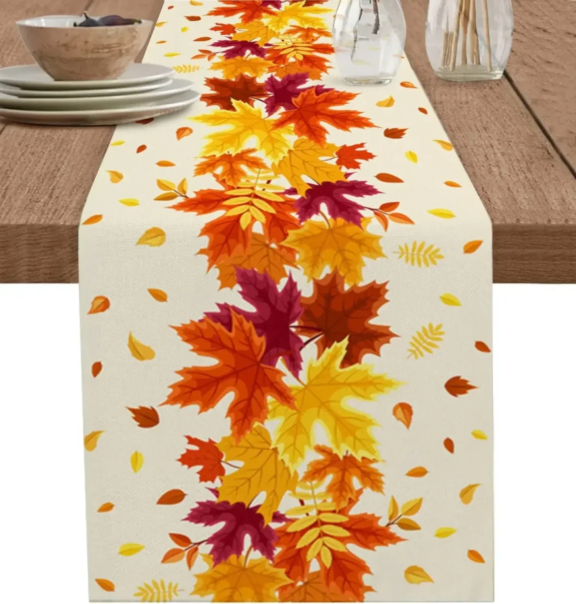 Chemin de table lin feuille d'érable automne lavable décor maison – Image 2