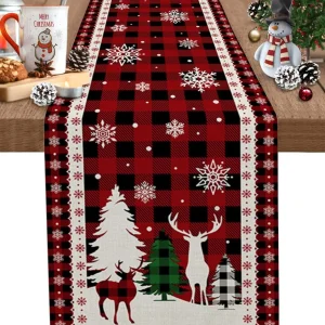 Chemin de table en lin 100% carreaux Buffalo rouge festif