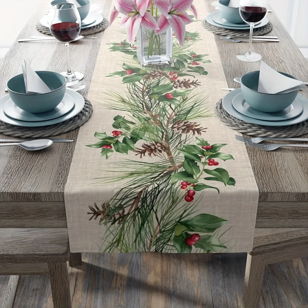 Chemin de table en lin imprimé sapin et couronne Noël – Image 3