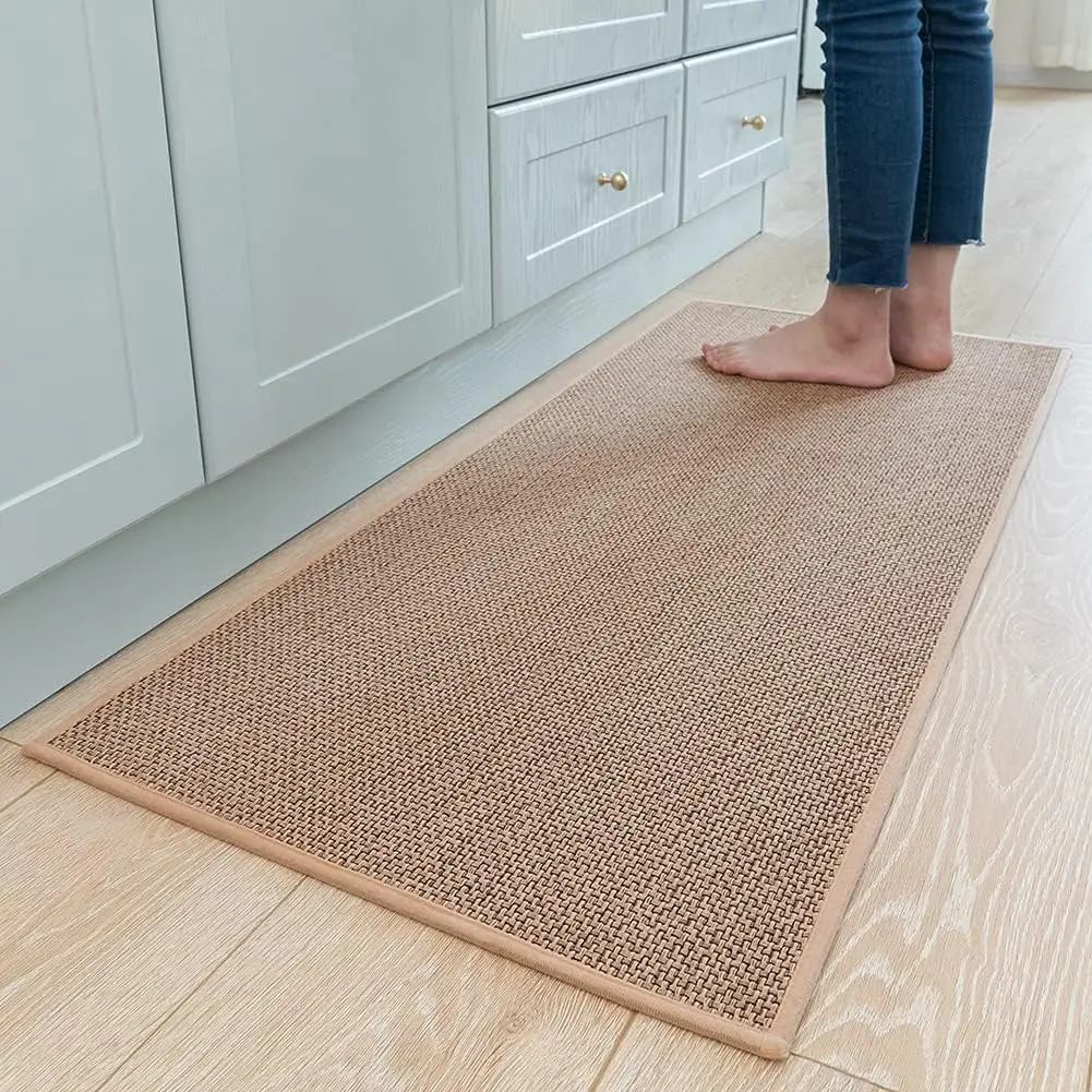Tapis de cuisine antidérapant lavable en lin beige gris pour évier et sol