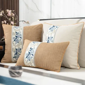 Housse de coussin coton‑lin jacquard brodée fermeture éclair discrète