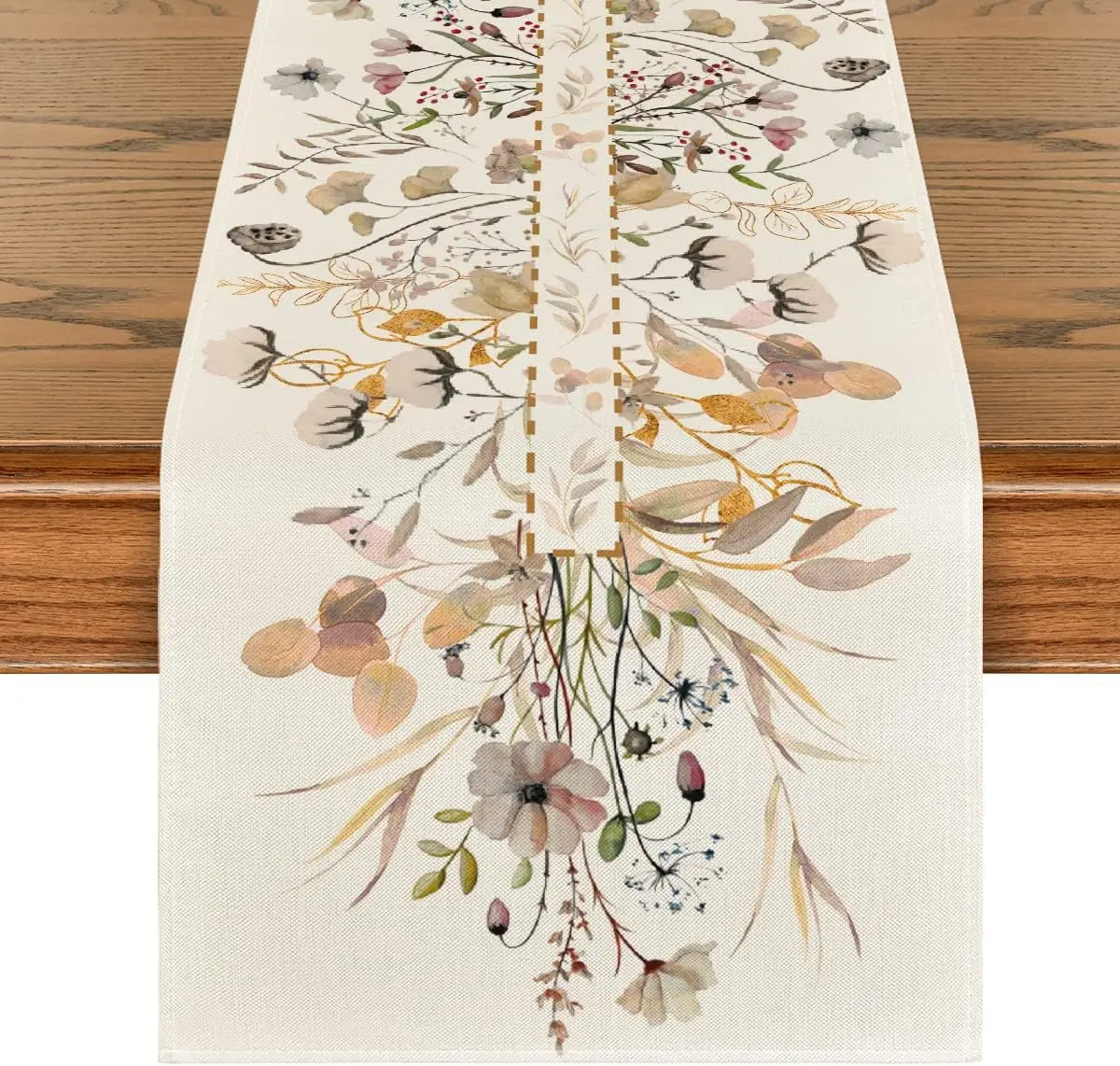 Chemin de table lin imprimé fleurs sauvages lavable réutilisable élégant