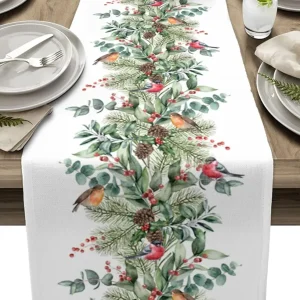 Chemin de table 100% lin imprimé eucalyptus oiseau rouge lavable