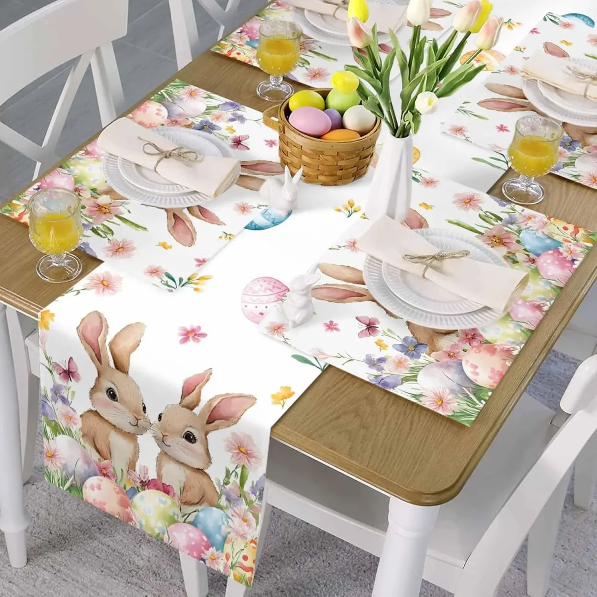 Chemin de table lin imprimé Pâques œufs floraux rustique – Image 5