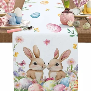 Chemin de table lin imprimé Pâques œufs floraux rustique