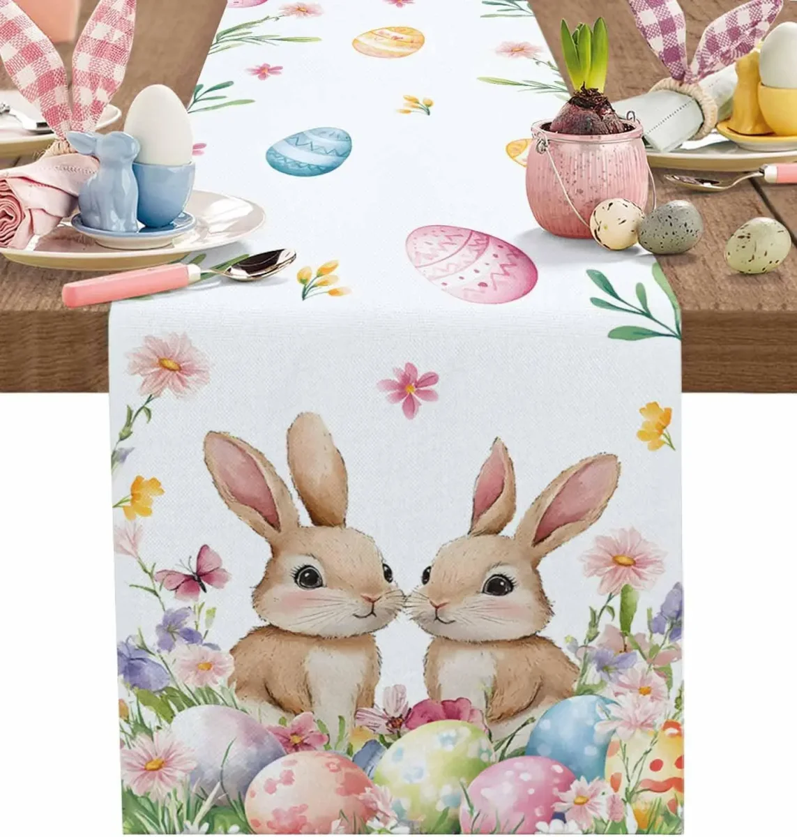 Chemin de table lin imprimé Pâques œufs floraux rustique – Image 2
