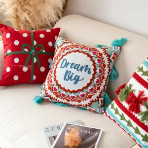 Housse de coussin bohème coton brodée 45x45 cm rouge décorative