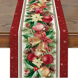 Chemin de table lin imprimé sapin de Noël lavable décor
