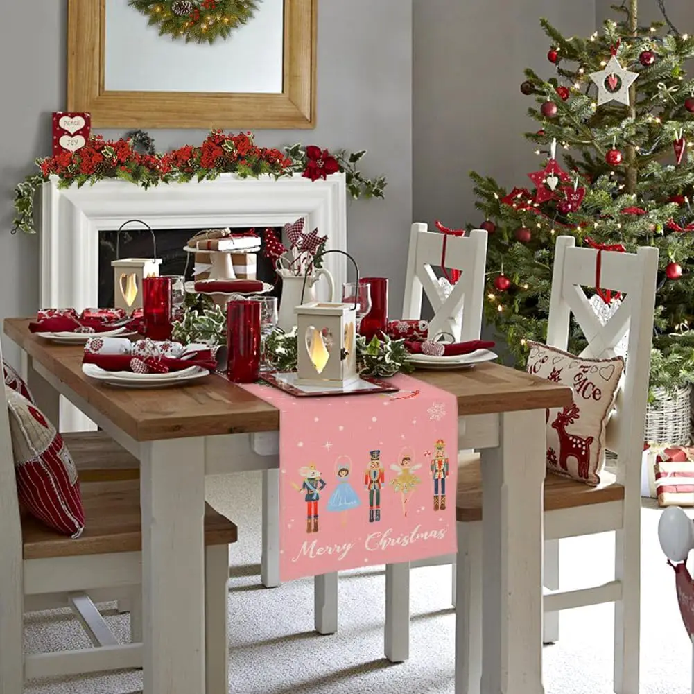 Chemin de table en lin Rose imprimé Noël, décoration élégante – Image 4