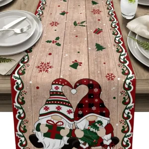 Chemin de table lin imprimé Noël gnome, lavable, décoration intérieure