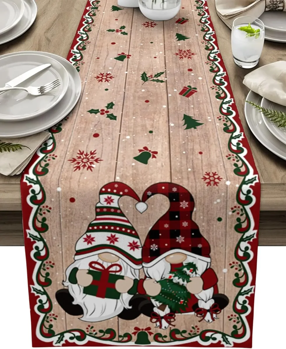Chemin de table lin imprimé Noël gnome, lavable, décoration intérieure – Image 2