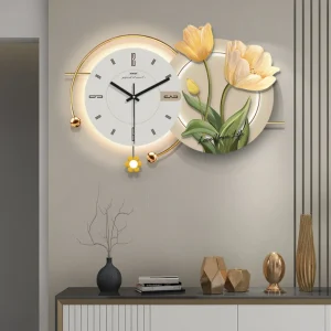 Horloge murale moderne minimaliste acrylique avec motif floral pour salon et restaurant