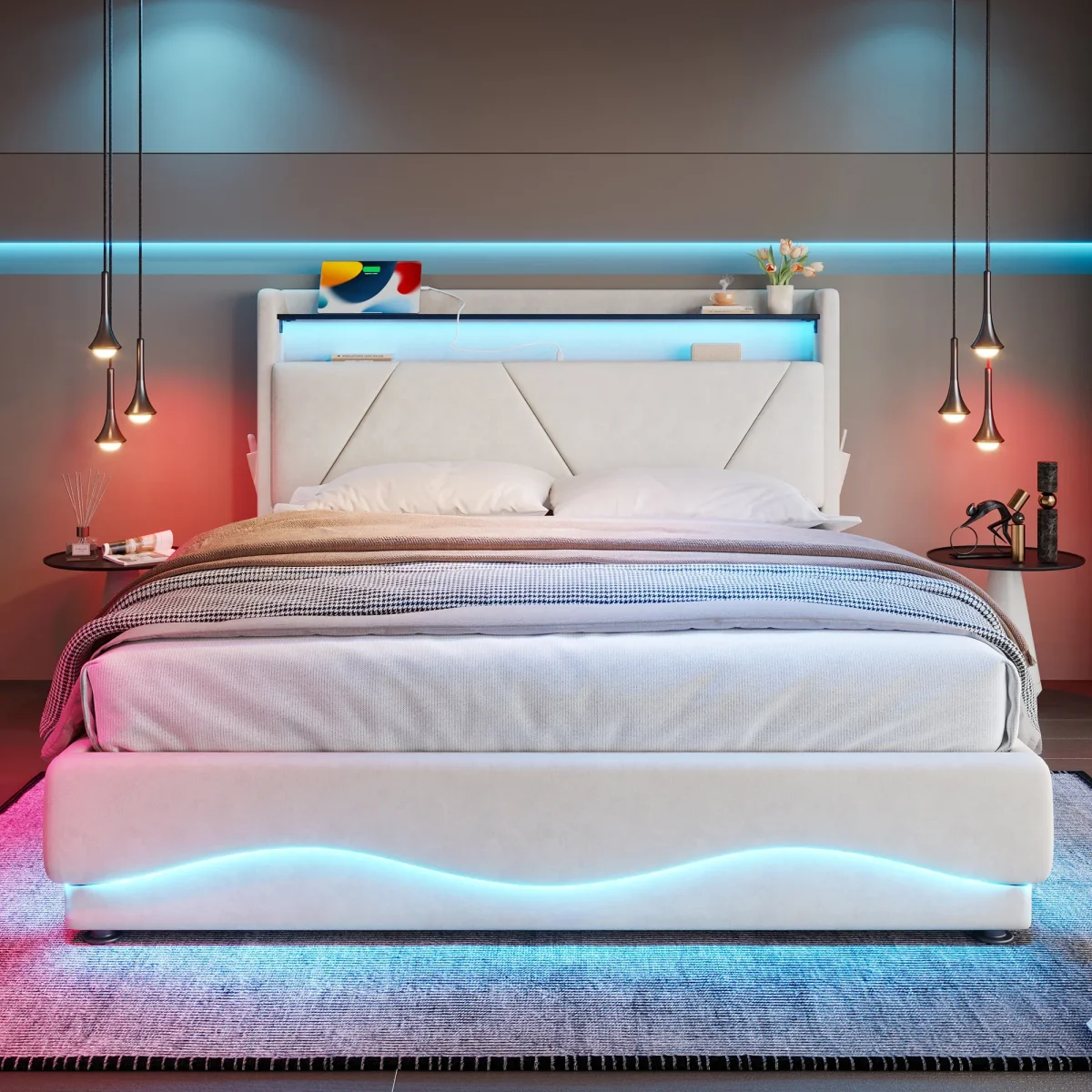 Lit capitonné 140x200cm avec tête de lit LED et rangement caché pour chambre moderne – Image 2