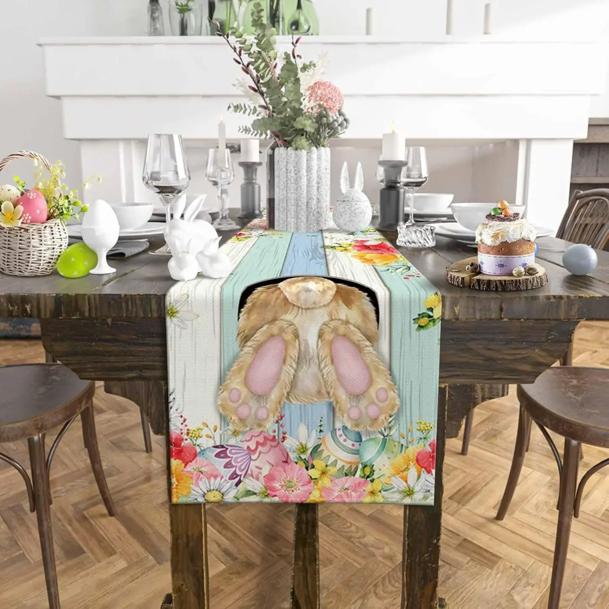 Chemin de table lin imprimé Pâques lapin œufs fleurs rustique – Image 3