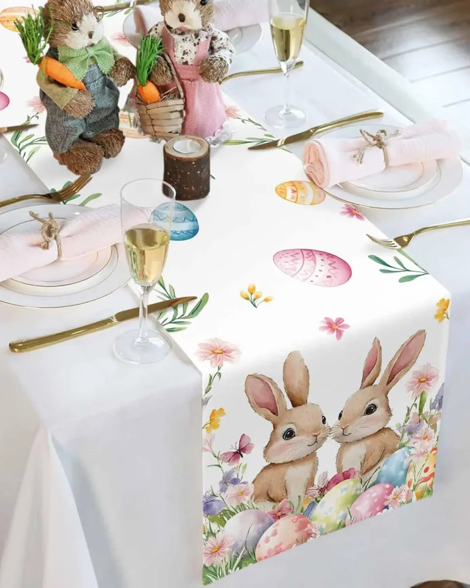 Chemin de table lin imprimé Pâques œufs floraux rustique – Image 4