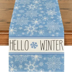 Chemin de table en lin flocons de neige bleu lavable