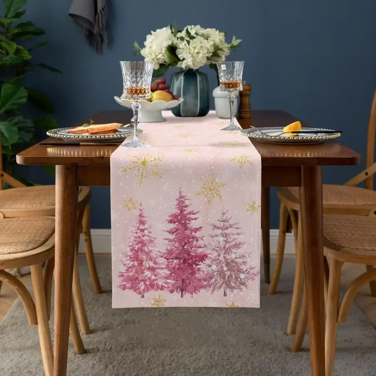 Chemin de table lin Noël imprimé flocons dorés, durable, lavable – Image 3