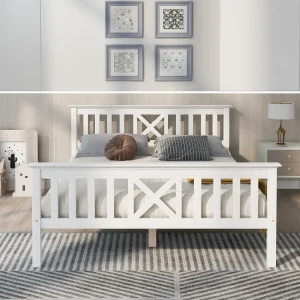 Lit double 140x200 cm en bois blanc avec tête de lit design et sommier à lattes