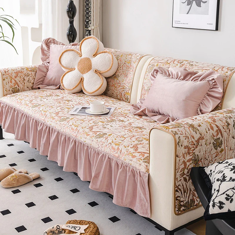 Housse de canapé jacquard chenille rose européen quatre saisons – Image 2