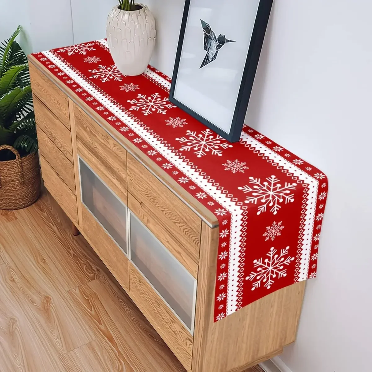 Chemin de table Noël lin imprimé flocon de neige réutilisable – Image 5