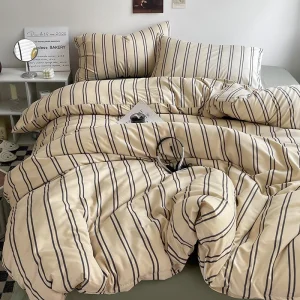 Parure de lit rayée 3 pièces en polyester - Housse de couette, drap et taies d'oreiller