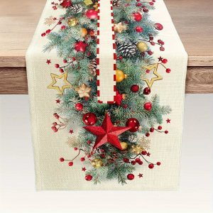 Chemin de table lin imprimé Noël lavable durable élégant