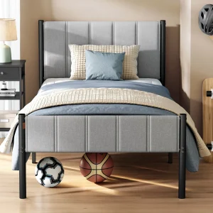 Cadre de lit simple 90x190 cm avec tête de lit rembourrée gris tourterelle, design minimaliste et montage facile