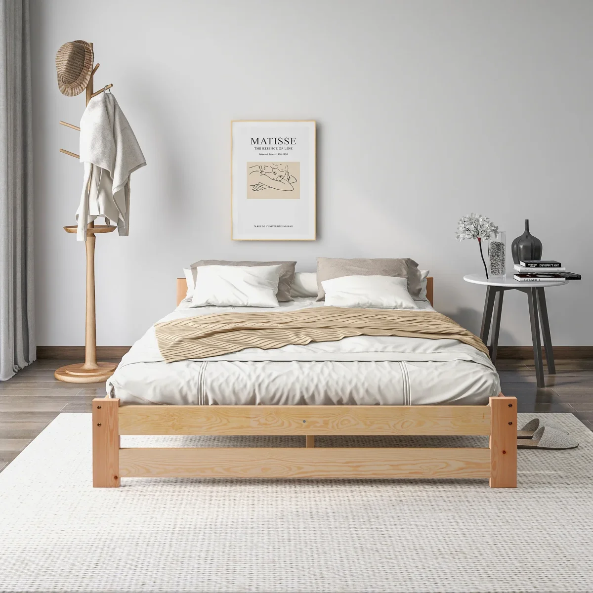 Lit futon en bois massif naturel avec tête de lit et sommier à lattes 140x200cm – Image 4