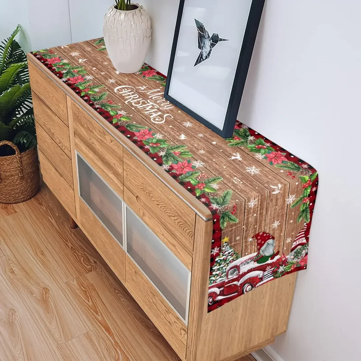 Chemin de table en lin Noël gnomes camion poinsettia rustique – Image 5