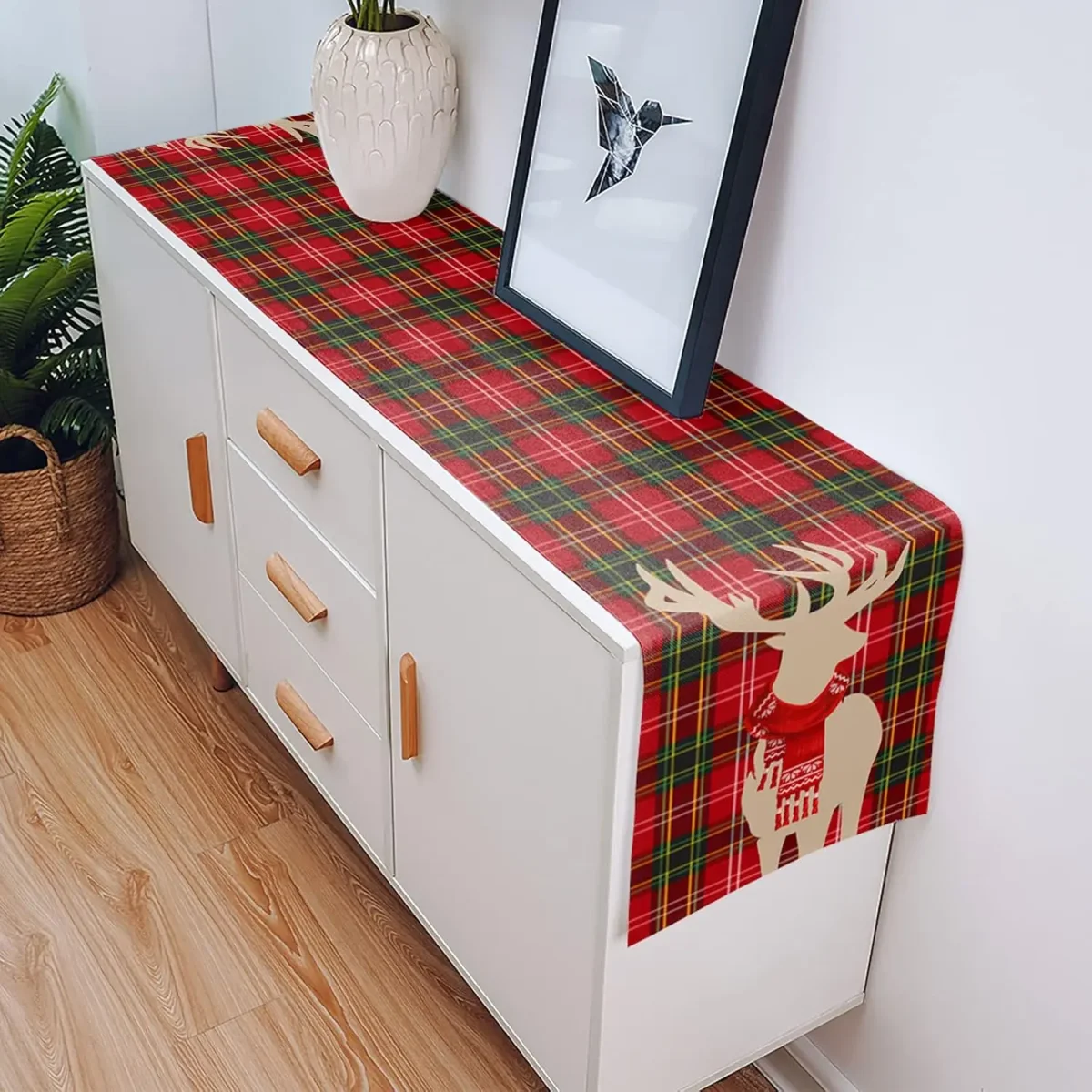 Chemin de table en lin Noël cerf carreaux rouge vert – Image 6