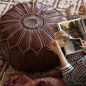 Pouf marocain en simili cuir 58cm, coussin de méditation et repose-pieds pour décoration intérieure