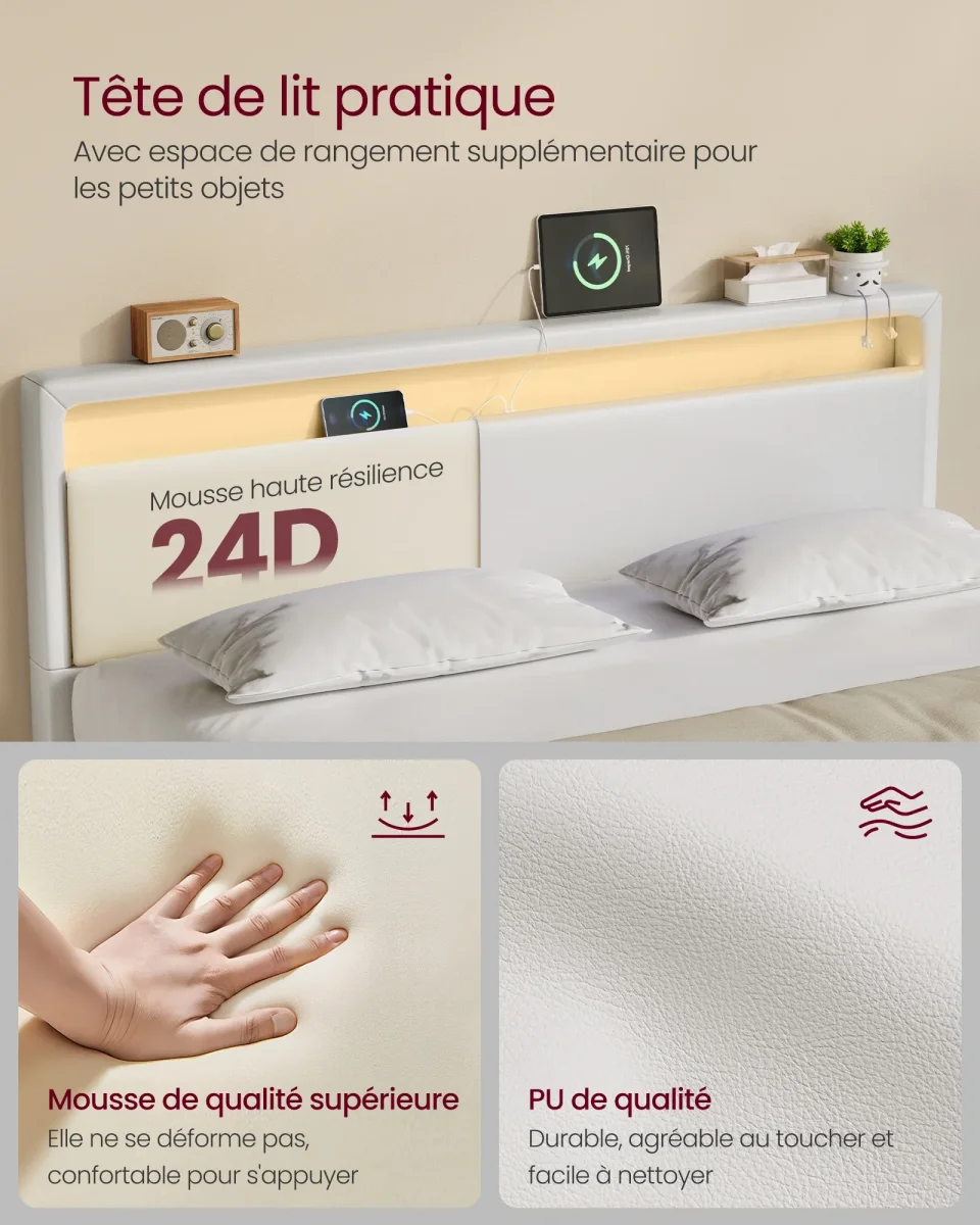 Lit flottant avec éclairage LED et tête de lit haute - Blanc nuage - 140x190cm ou 160x200cm – Image 5