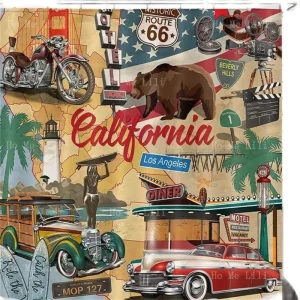 Rideau de douche vintage Route 66 avec ours californien - Décoration salle de bain rétro
