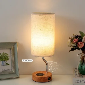 Lampe de bureau LED avec chargeur sans fil, intensité variable 3 niveaux, abat-jour tissu