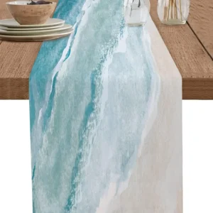 Chemin de table en lin bleu motif océan décor estival