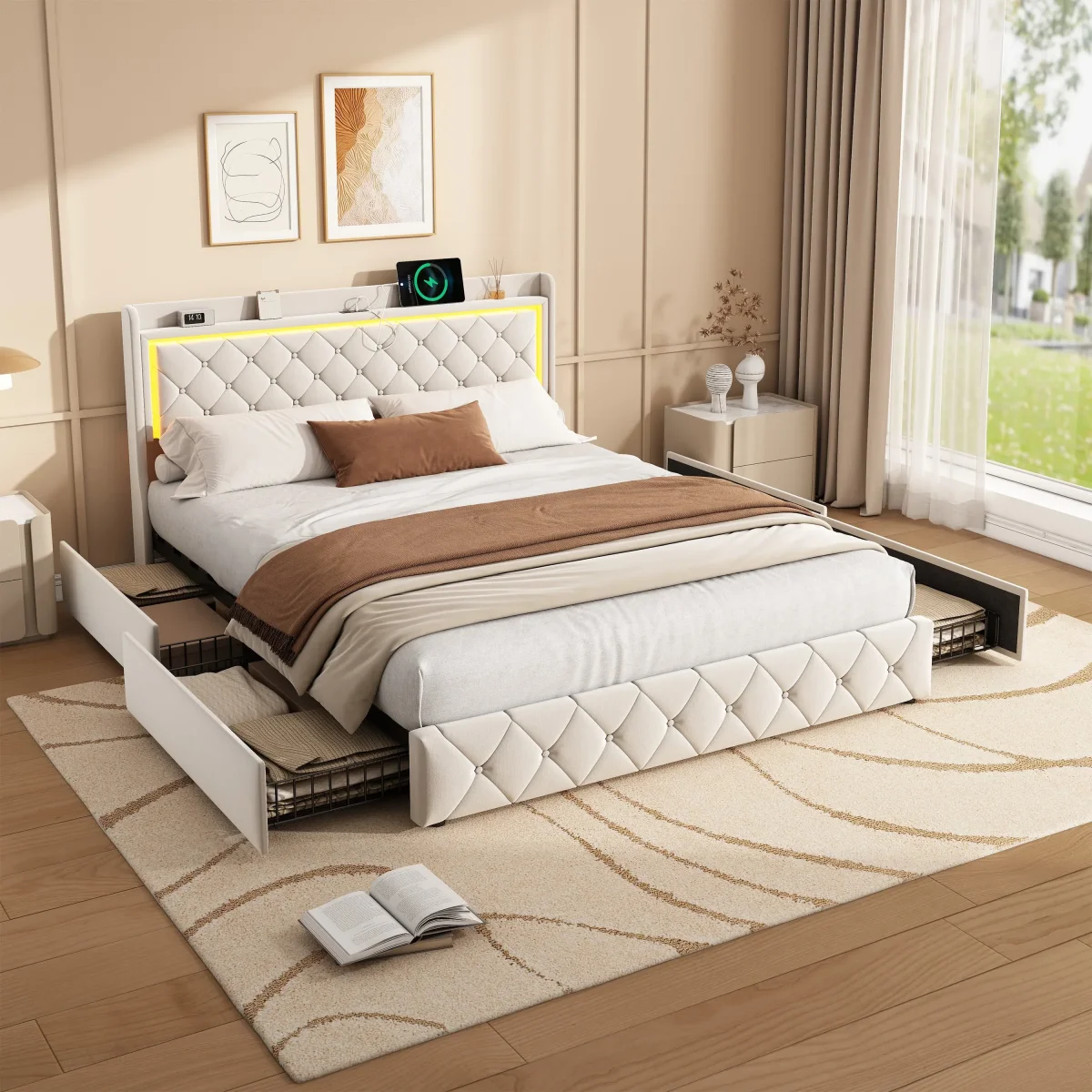Lit double 140x190 avec tiroirs et tête de lit rembourrée velours beige, éclairage LED et ports USB – Image 4