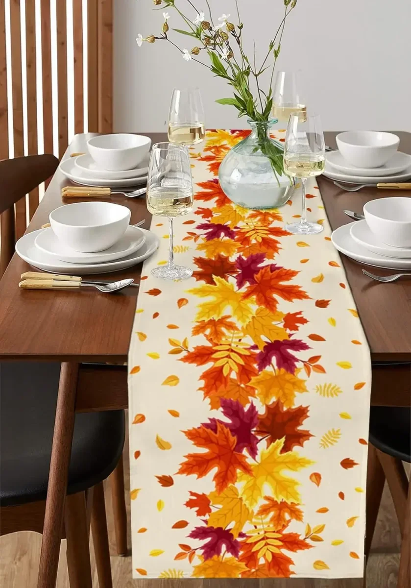 Chemin de table lin feuille d'érable automne lavable décor maison – Image 5