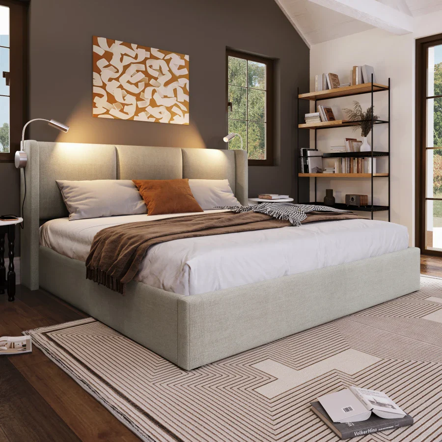 Tête de lit avec lampes de lecture et ports USB, rangement intégré, blanc ou noir, simple ou double – Image 2
