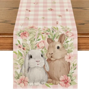 Chemin de table en lin imprimé lapin plaid rustique