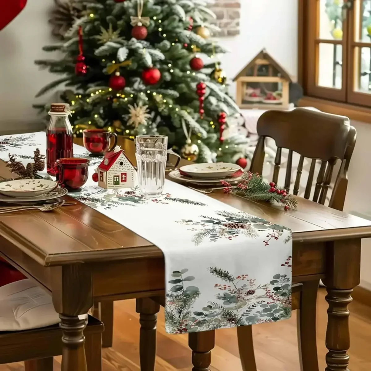 Chemin de table en lin imprimé pin cône eucalyptus Noël – Image 6
