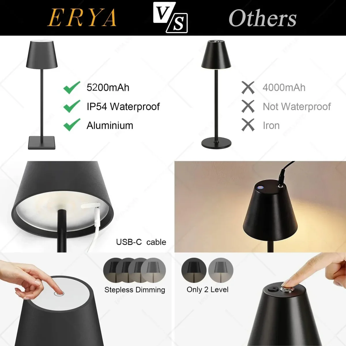 Lampe de chevet sans fil à intensité variable - Éclairage d'ambiance intérieur/extérieur noir métallisé – Image 6