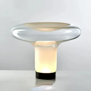 Lampe champignon en verre style art déco avec abat-jour blanc et LED intégrée pour table de chevet