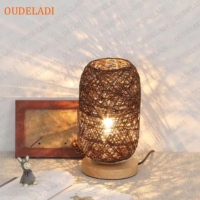 Lampe de chevet en rotin naturel - Abat-jour corde bois - Veilleuse USB et prise EU - Décoration salon chambre – Image 4